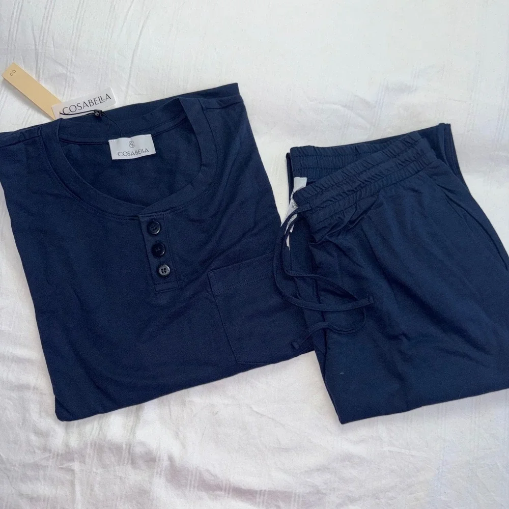 Cosabella Bella Henley Mens PJ Set Navy Blue Long Sleeve Pajamas S